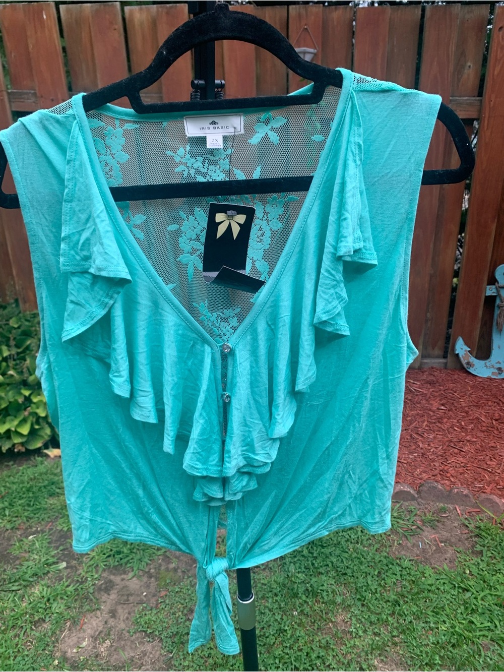 Iris Basic Teal Ruffled Tie-Front Tank